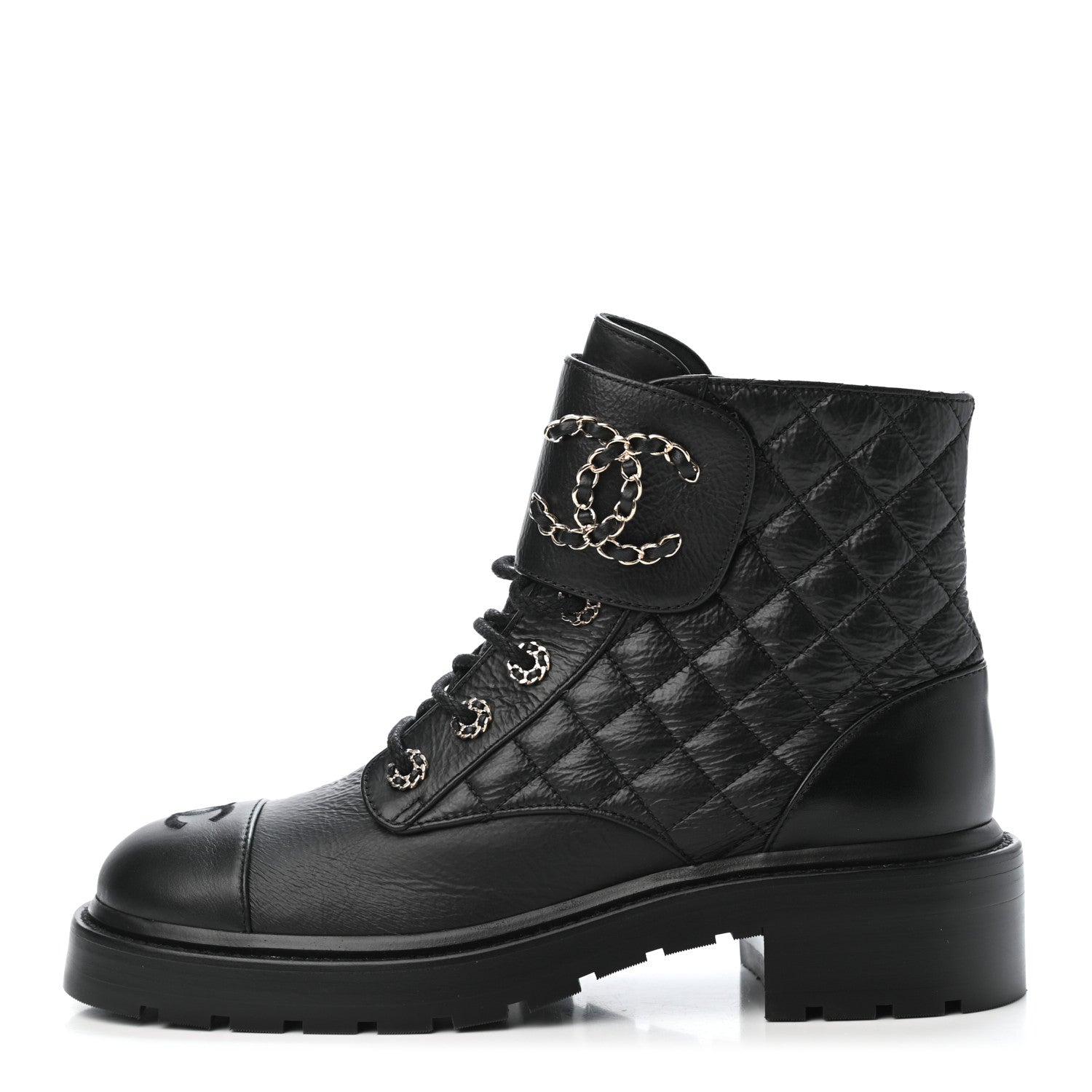 Chanel Shiny Goatskin Calfskin Quilted Lace Up Combat Boots 39.5 Black 1 of 4