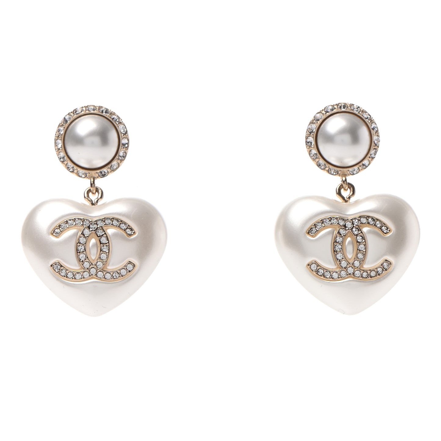 Pearl Crystal CC Heart Drop Earrings Gold