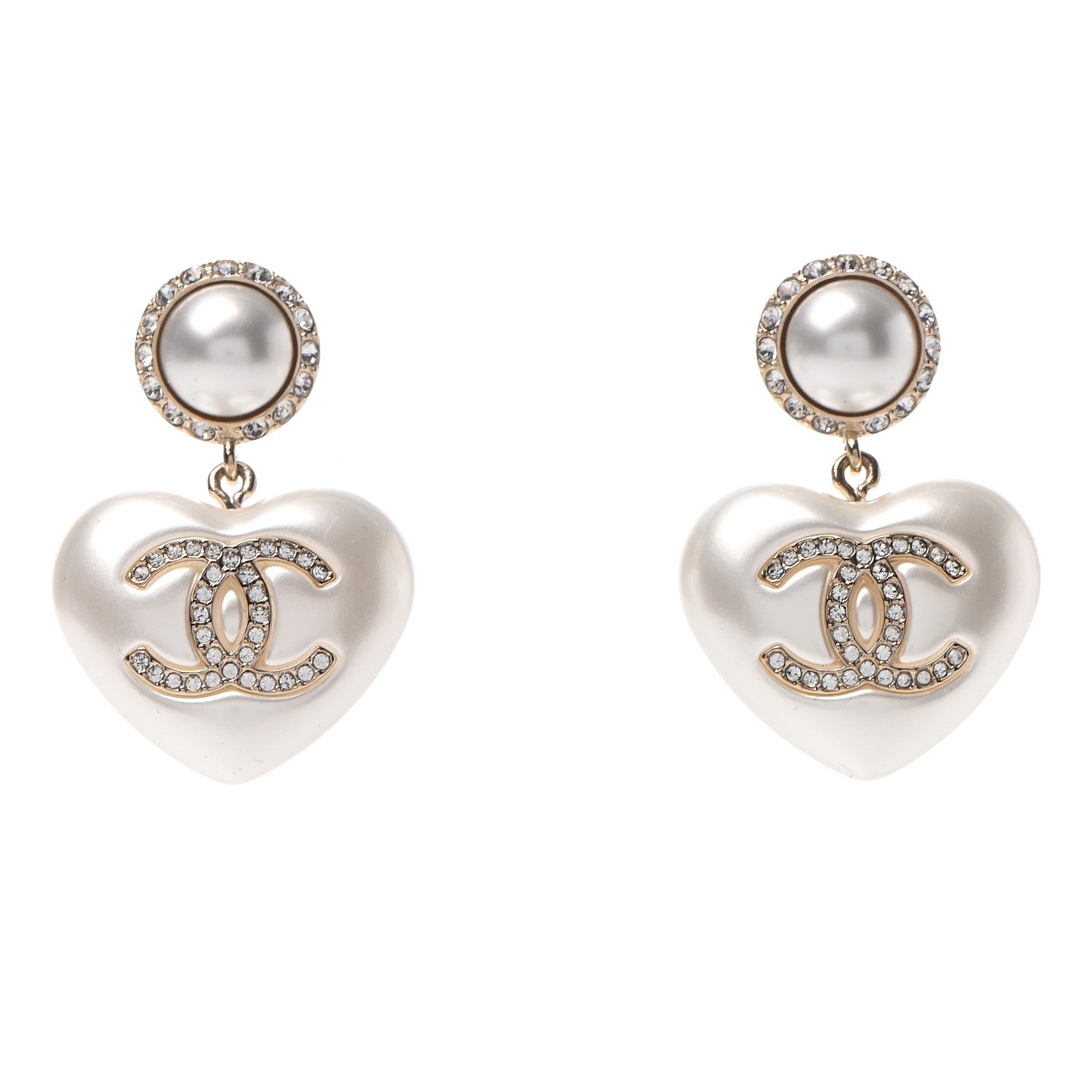 Chanel Pearl Crystal CC Heart Drop Earrings Gold 1 of 5