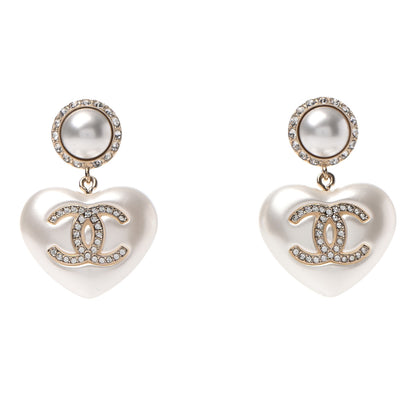 Chanel Pearl Crystal CC Heart Drop Earrings Gold 1 of 5