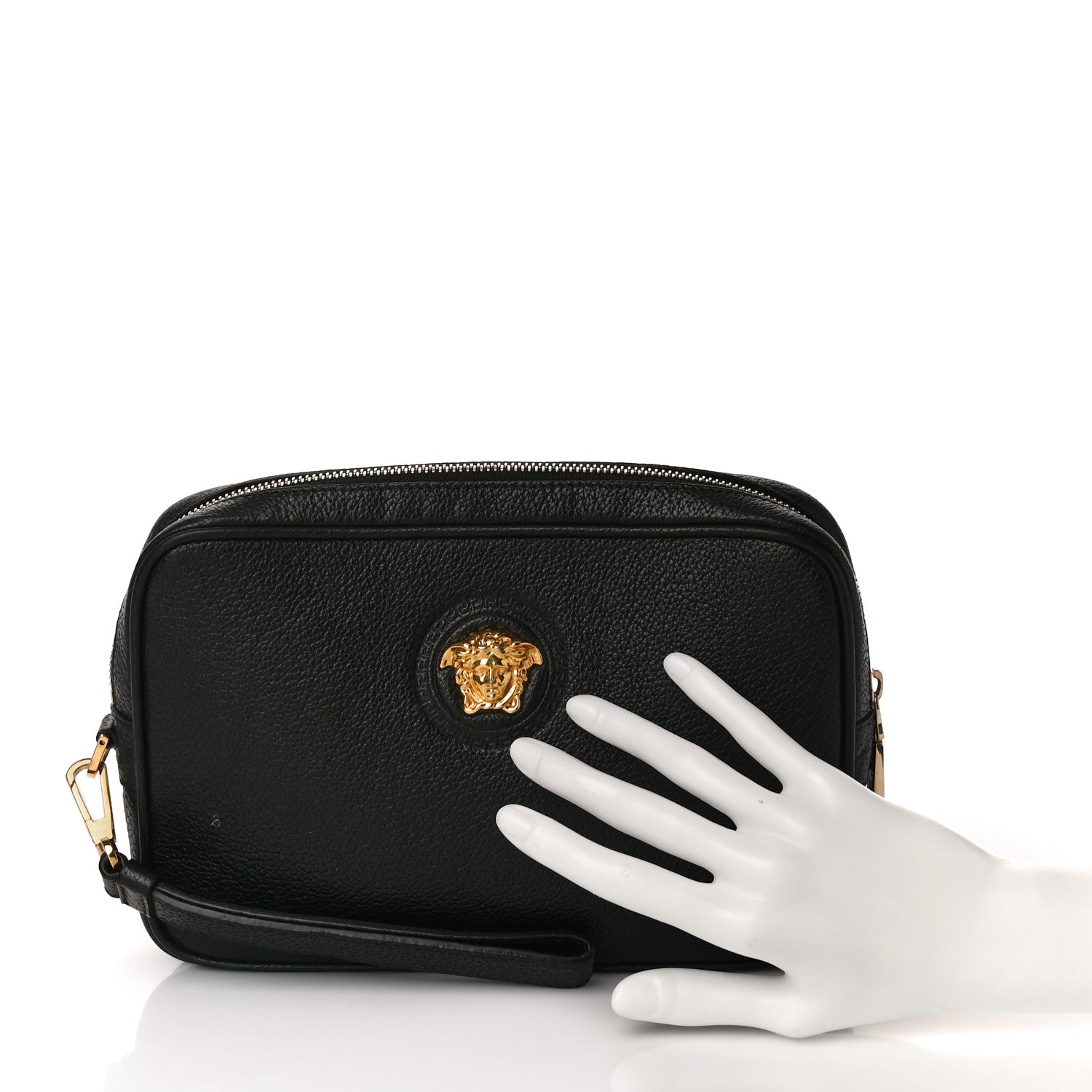 Versace Grained Calfskin Medusa Wristlet Pouch Black 2 of 10