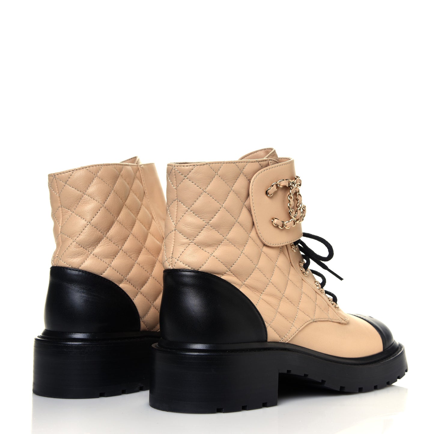 Lambskin Calfskin Quilted Lace Up Combat Boots Beige Black