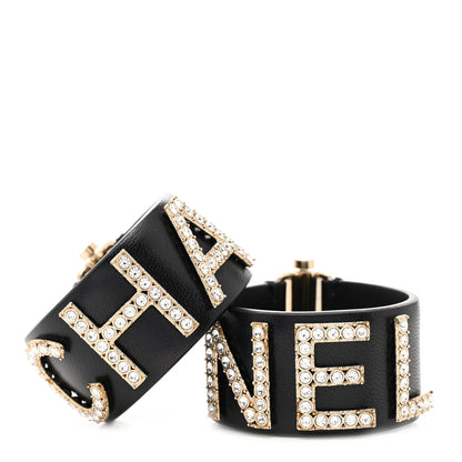 Chanel Crystal Lambskin Cha-Nel Logo Cuff Set S Black Gold 1 of 5