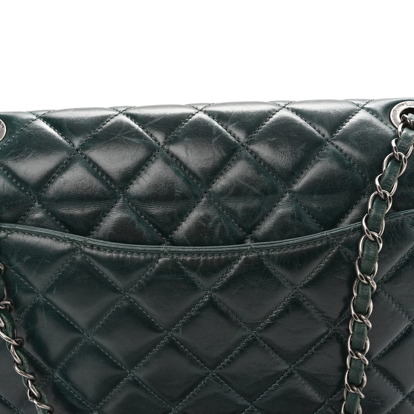 Felt Glazed Calfskin Quilted Edelweiss Flower Flap Dark Green