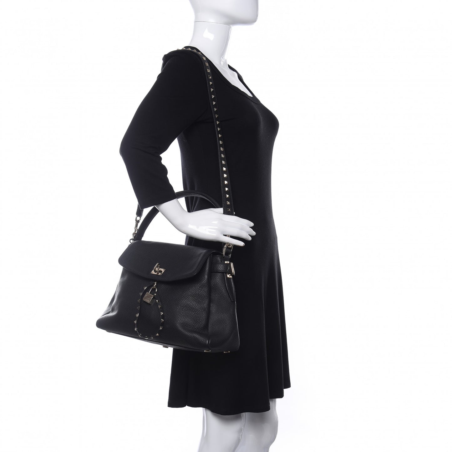 Grained Lagun Calfskin Rockstud Twiny Top Handle Bag Black
