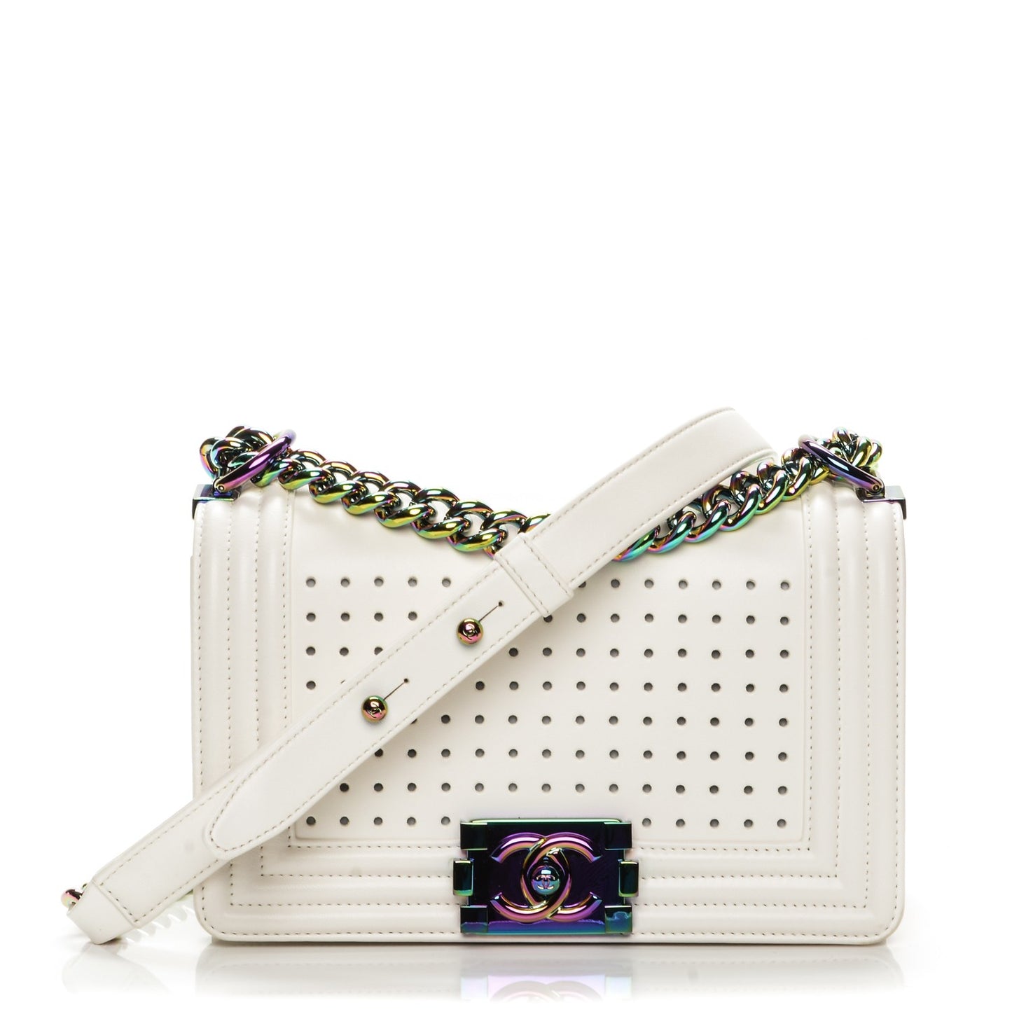 Lambskin LED Iridescent Metal Small Boy Flap White Multicolor