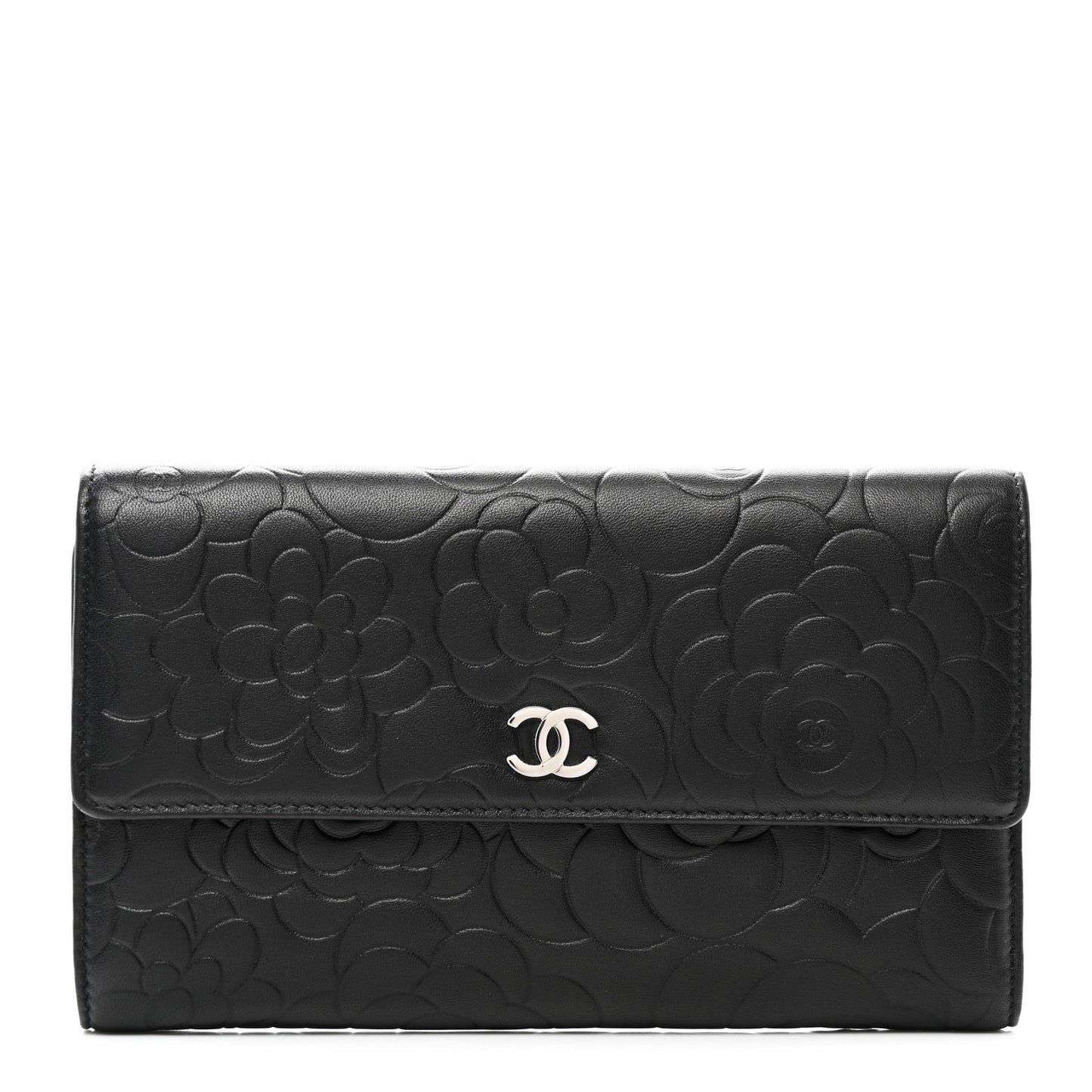 Lambskin Camellia Embossed Large Flap Wallet Black