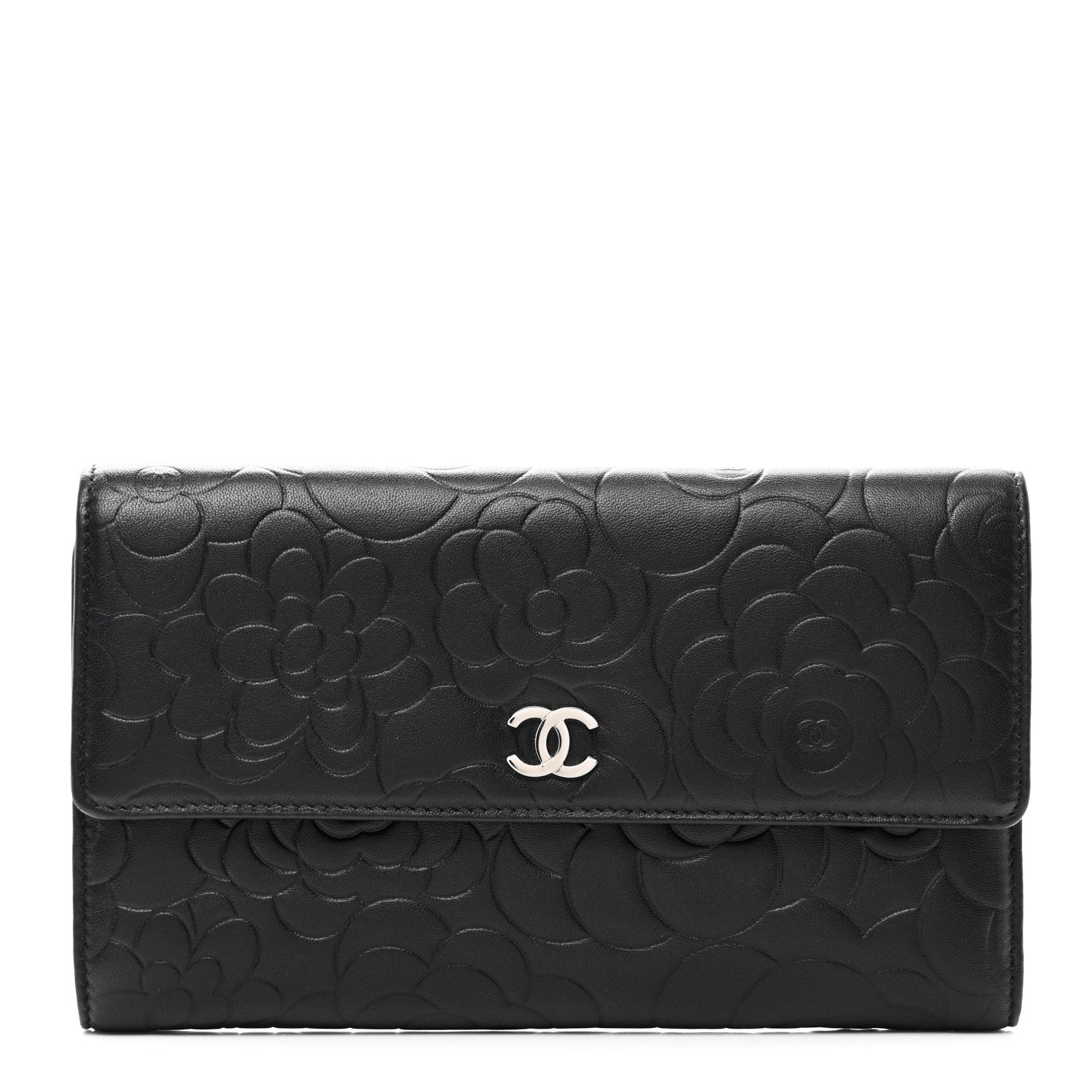 Chanel Lambskin Camellia Embossed Large Flap Wallet Black 1 of 9