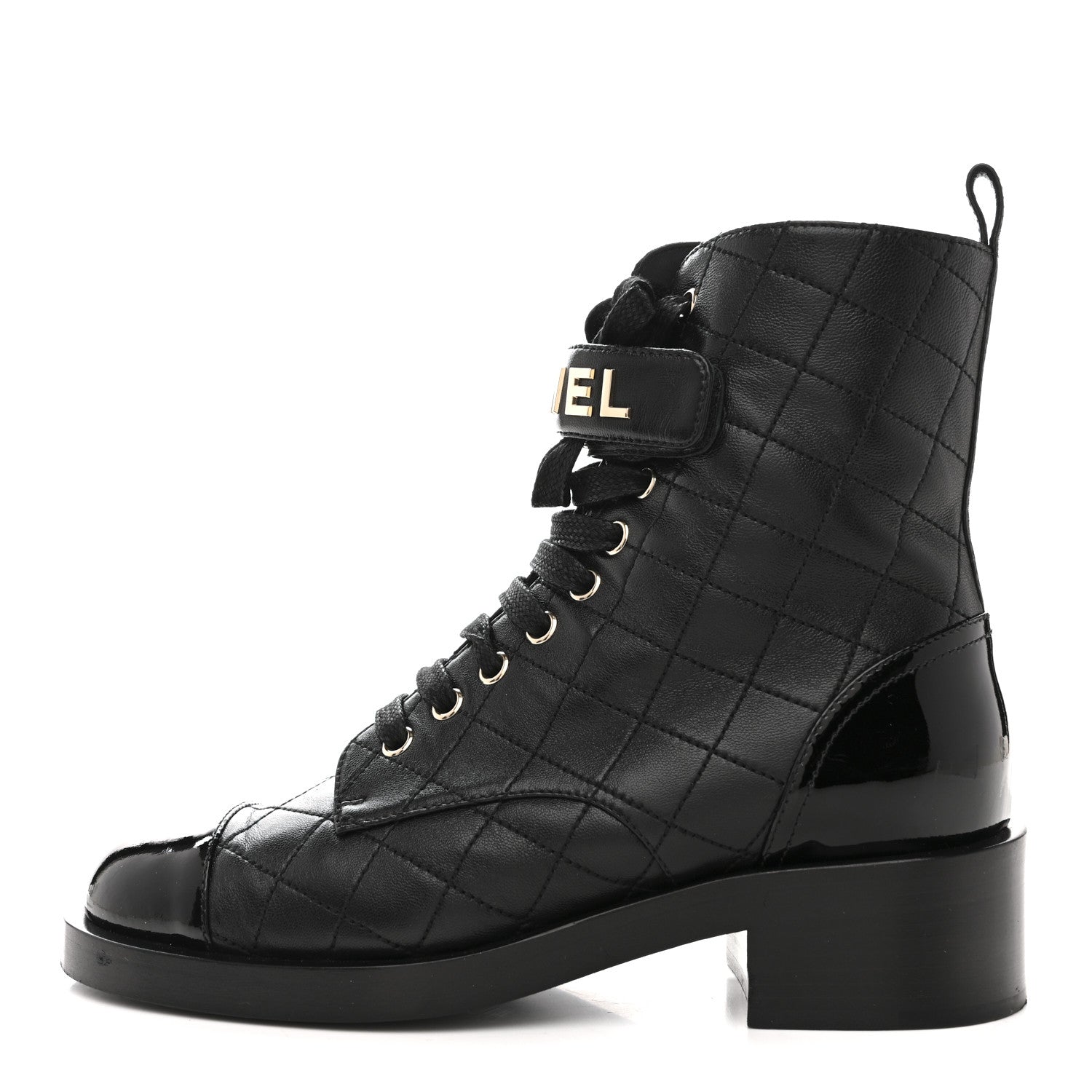 Chanel Lambskin Patent Calfskin Quilted Logo Lace Up Combat Boots 37 Black 1 of 11