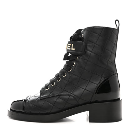 Chanel Lambskin Patent Calfskin Quilted Logo Lace Up Combat Boots 37 Black 1 of 11