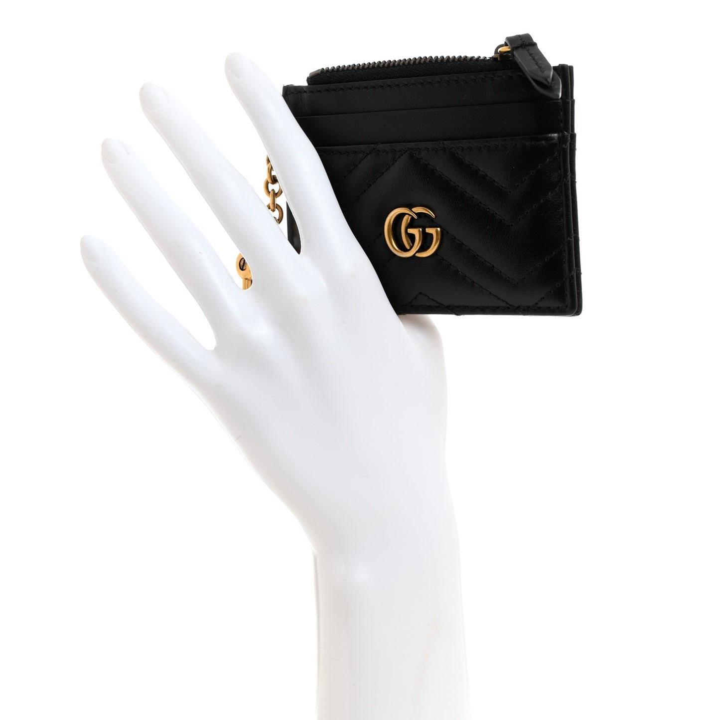 Calfskin Matelasse Chevron GG Marmont Key Case Card Holder Black
