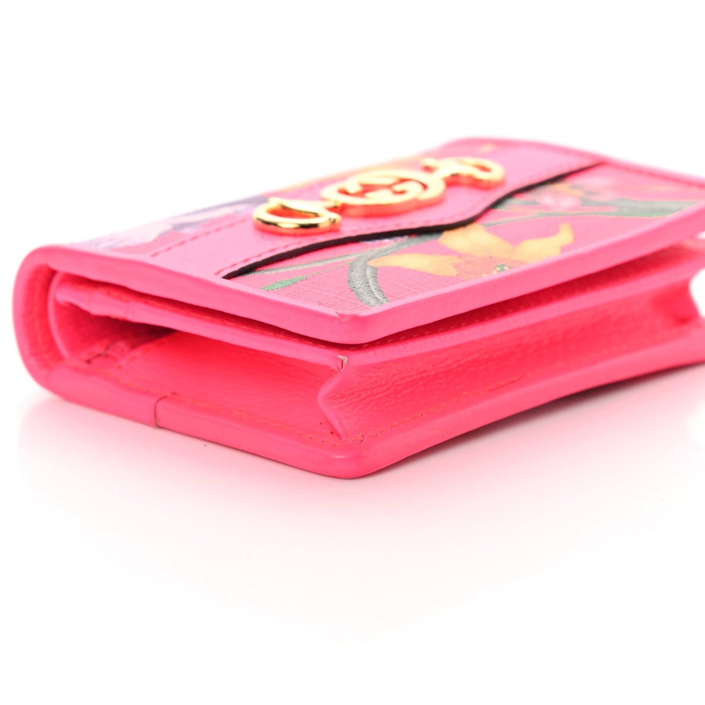 Calfskin Flora Print Zumi Card Case Fuxia Fluo