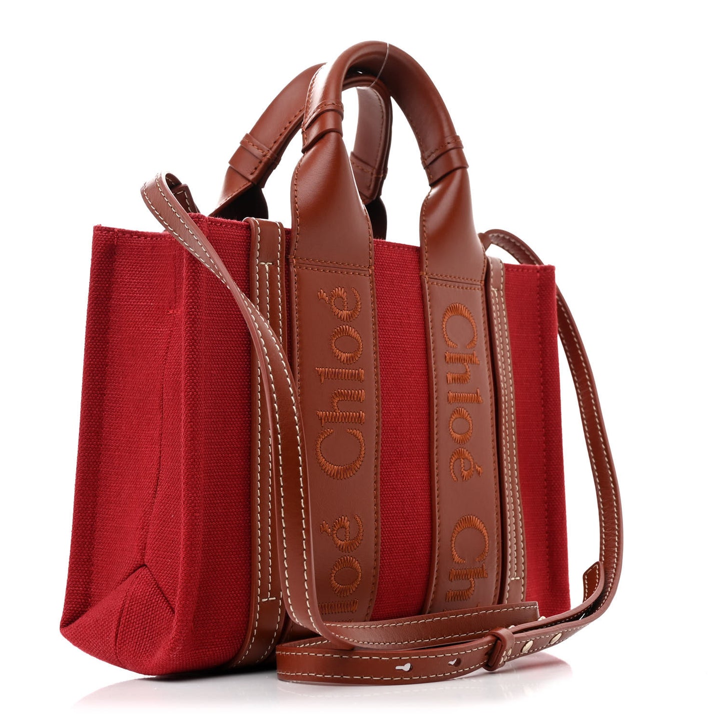 Cotton Calfskin Small Woody Ribbon Tote With Strap Dark Red