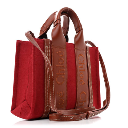 Chloe Cotton Calfskin Small Woody Ribbon Tote With Strap Dark Red 3 of 10