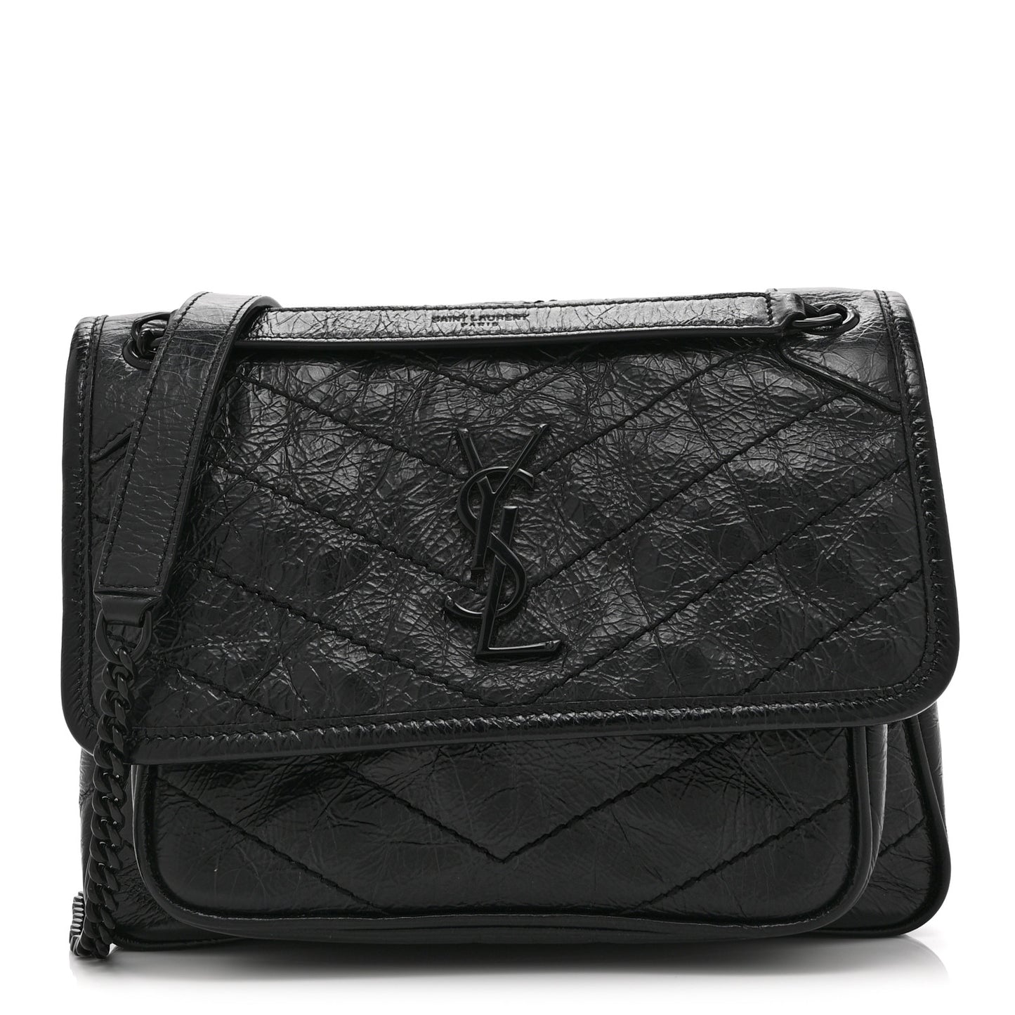 Crinkled Calfskin Matelasse Monogram Baby Niki Chain Satchel Black