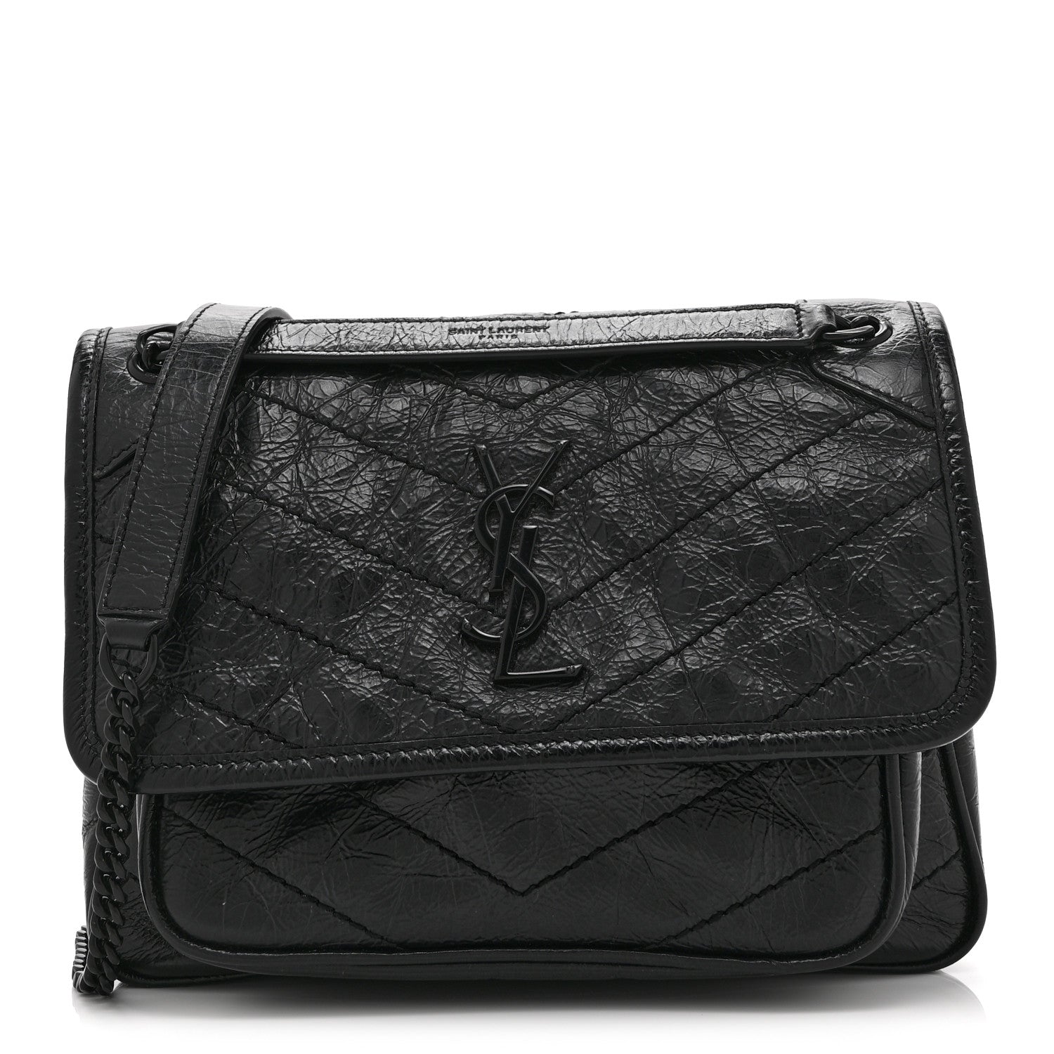 Saint Laurent Crinkled Calfskin Matelasse Monogram Baby Niki Chain Satchel Black 1 of 10