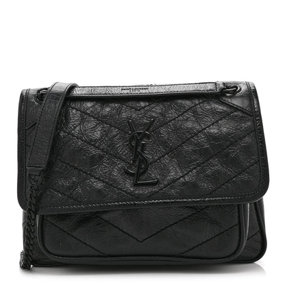 Saint Laurent Crinkled Calfskin Matelasse Monogram Baby Niki Chain Satchel Black 1 of 10