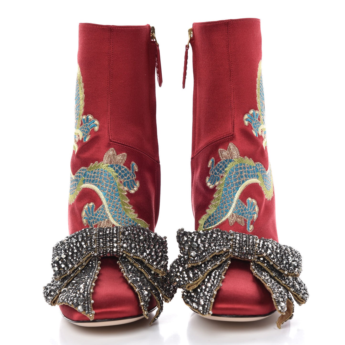 Silk Satin Malaga Kid Embroidered Candy Dragon Block-Heel Ankle Boot 38.5 Hibiscus Red