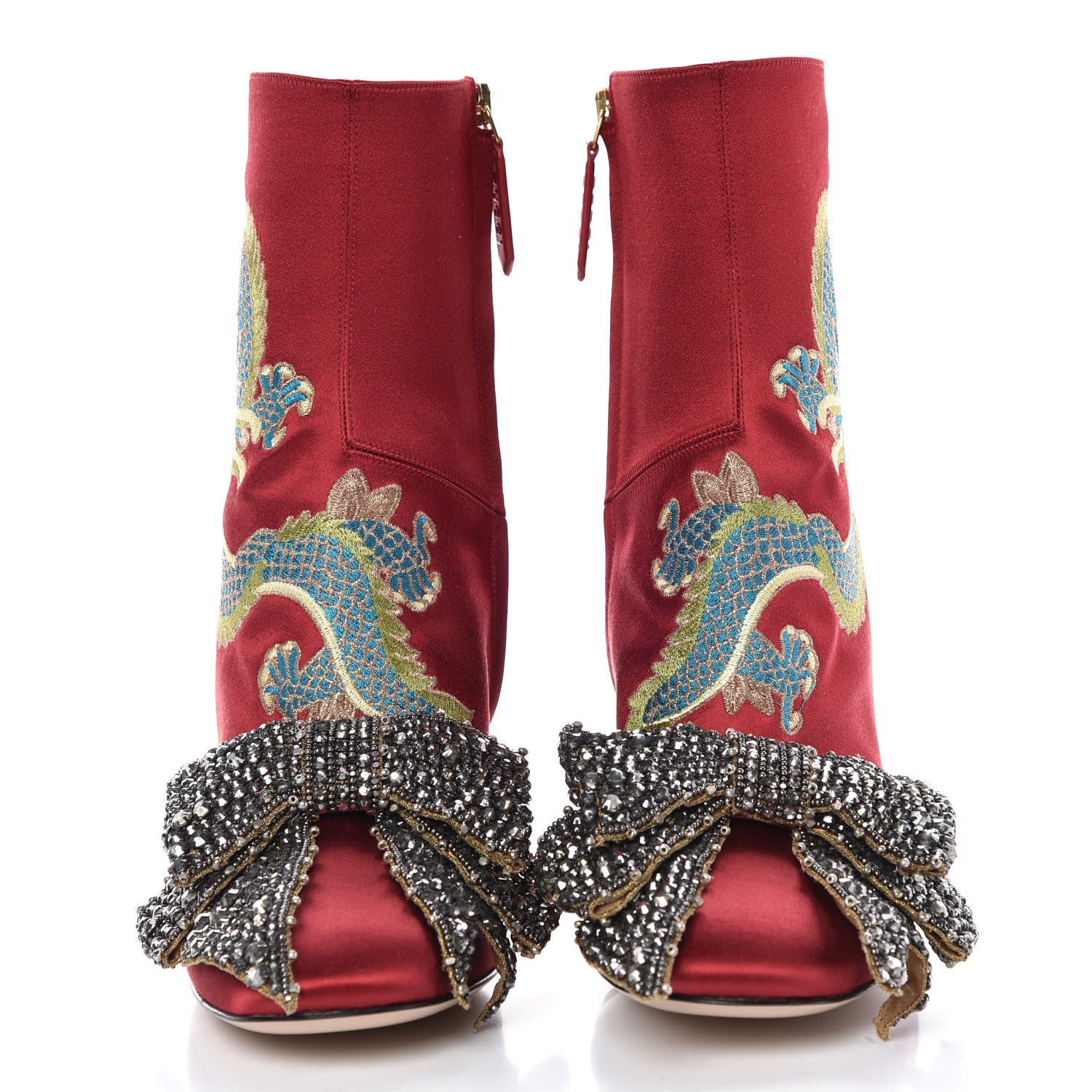 Gucci Silk Satin Malaga Kid Embroidered Candy Dragon Block-Heel Ankle Boot 38.5 Hibiscus Red 3 of 13