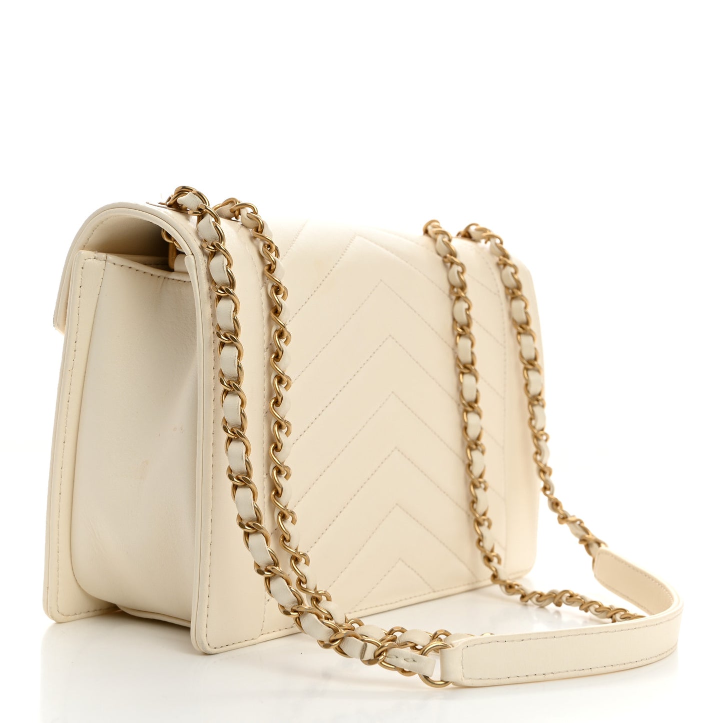 Lambskin Reversed Chevron Quilted Flap White