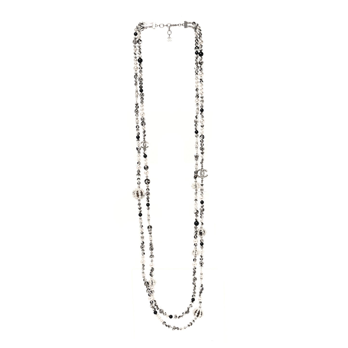 Pearl Crystal Bead CC Long Necklace Silver Black