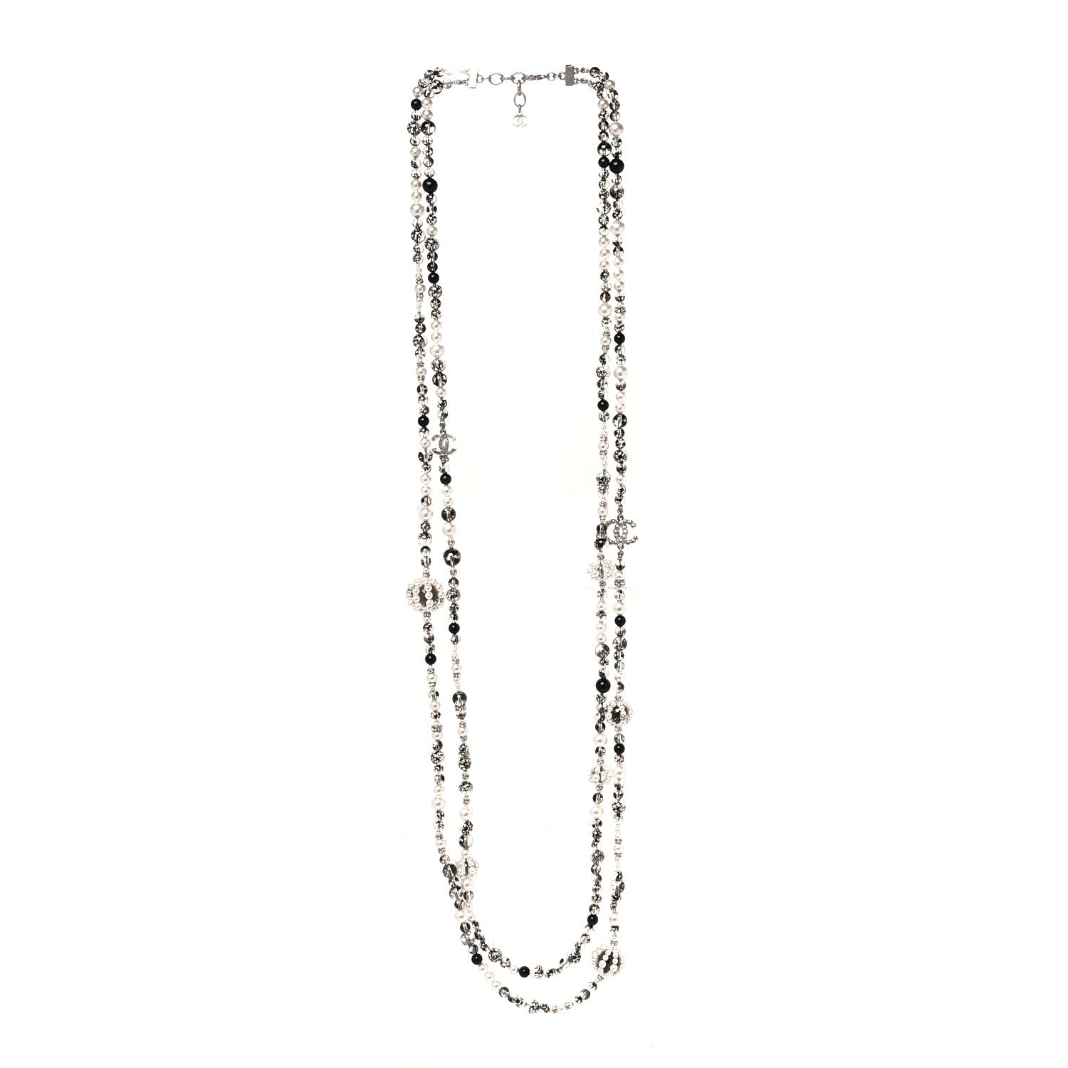 Chanel Pearl Crystal Bead CC Long Necklace Silver Black 3 of 5