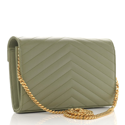 Saint Laurent Grain De Poudre Matelasse Chevron Monogram Chain Wallet Pistachio 3 of 11