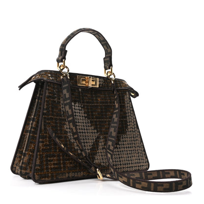 Fendi Fabric Jacquard Paillettes Vitello Seta FF 1974 Medium Peekaboo I SEE U Satchel Tobacco Moro 3 of 9