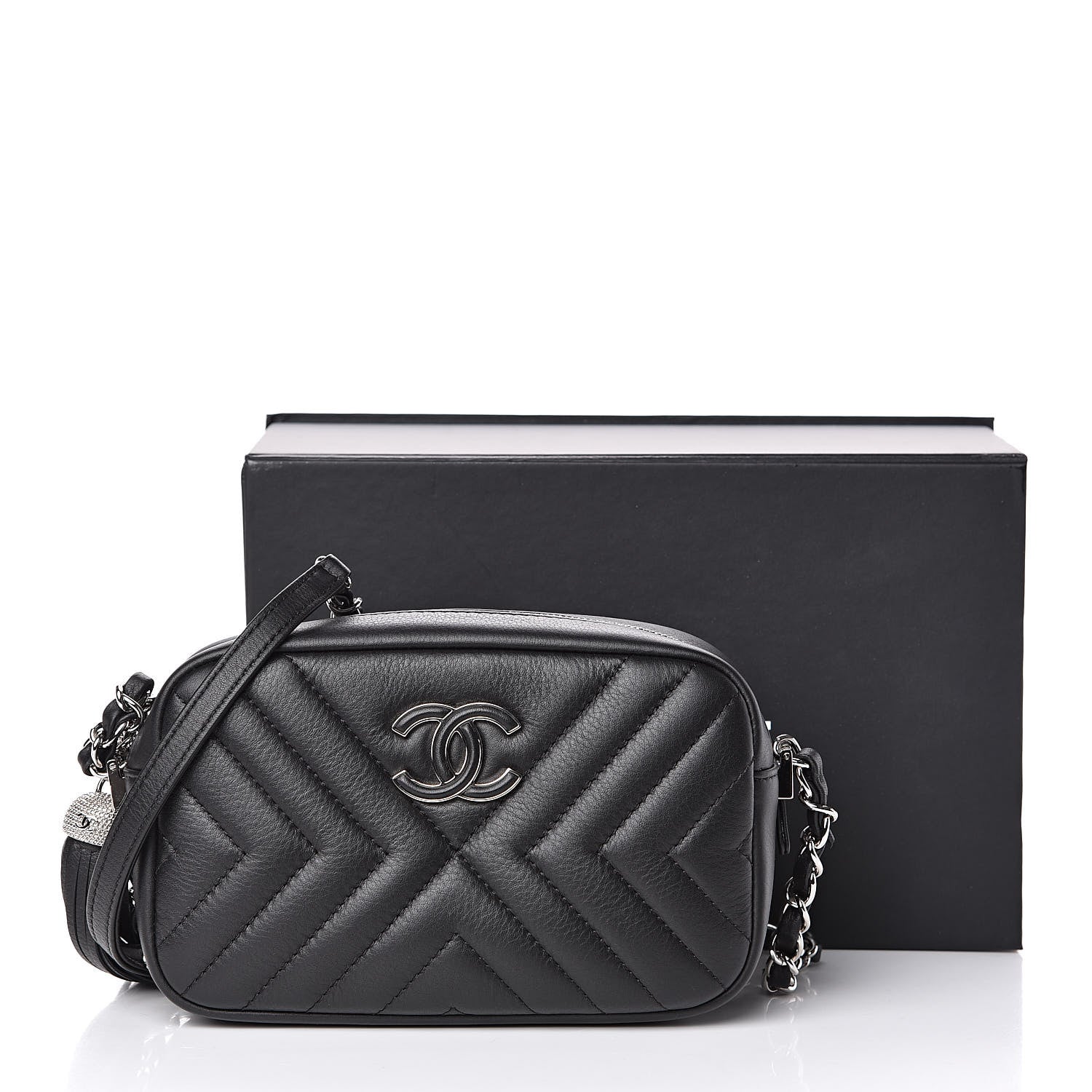Chanel Calfskin Diagonal Chevron Quilted Tassel Camera Case Black 11 of 11