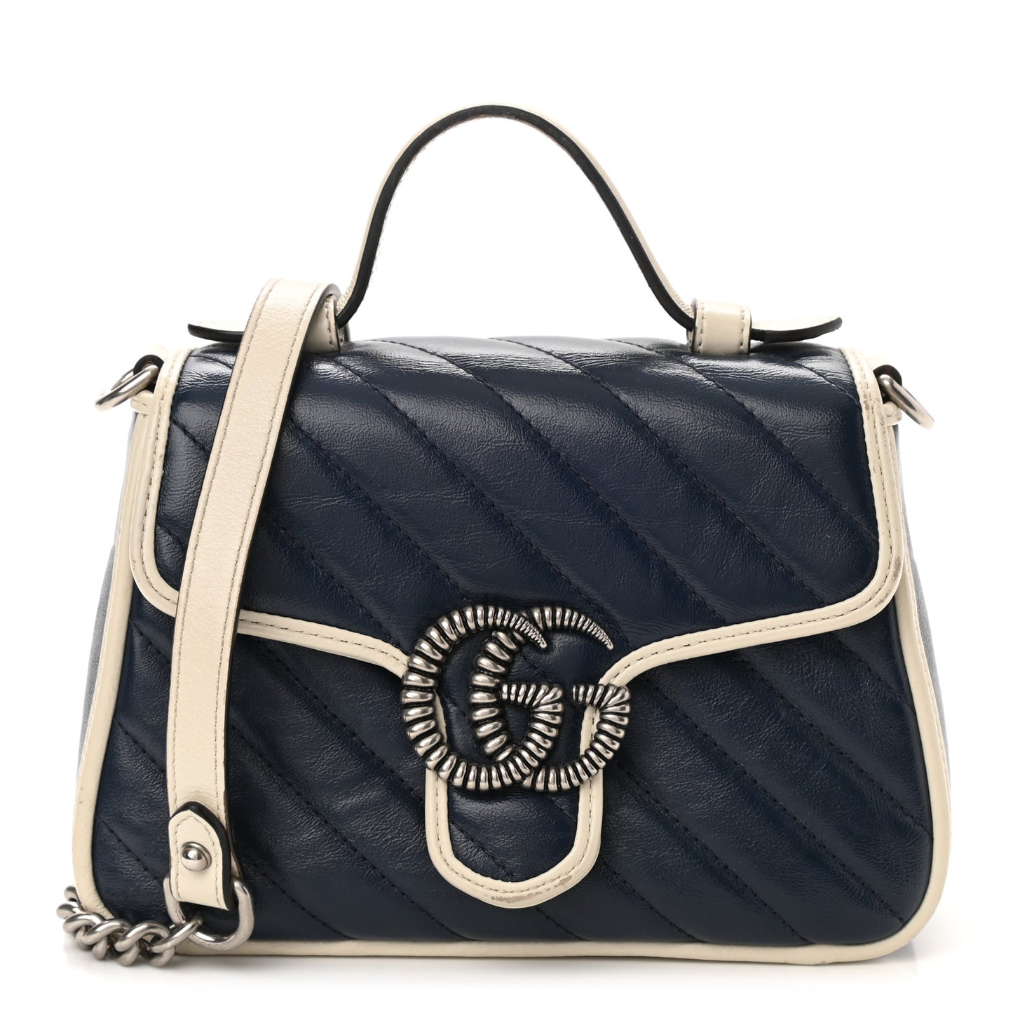 Vintage Effect Calfskin Matelasse Diagonal Mini Torchon GG Marmont Top Handle Shoulder Bag Blue Agata Mystic White