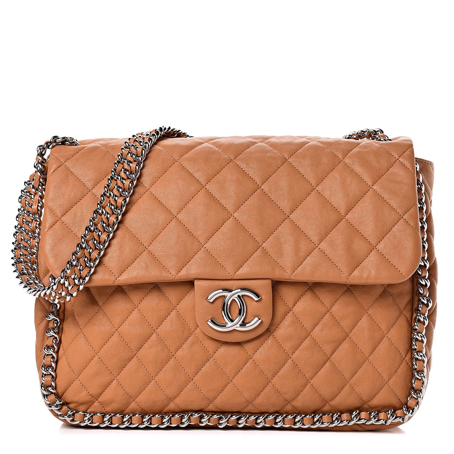 Washed Lambskin Chain Around Maxi Flap Bag Dark Beige