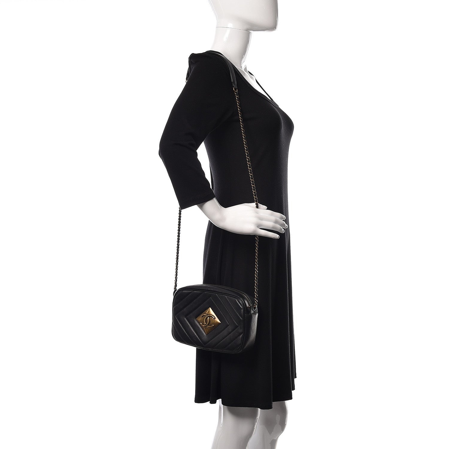 Chanel Lambskin Chevron Quilted Pyramid CC Camera Case Black 2 of 15
