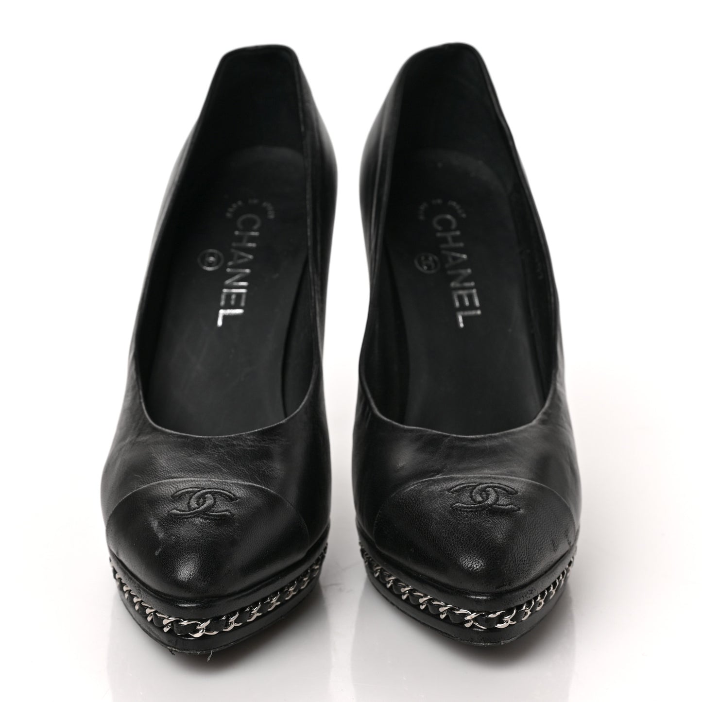 Lambskin CC Cap Toe Platform Chain Pumps 39 Black