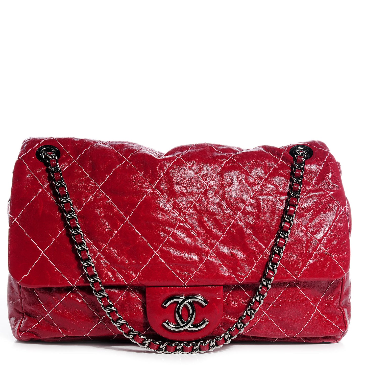 Glazed Goatskin Double Stitch Maxi Flap Red