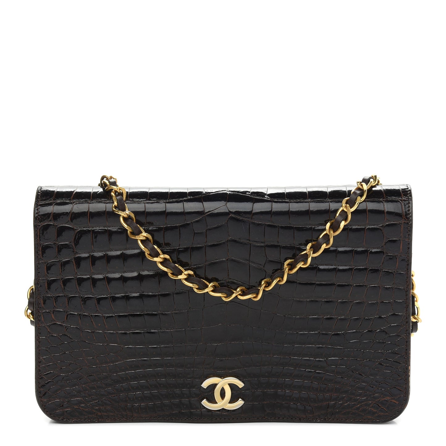 Shiny Crocodile Evening Flap Dark Brown