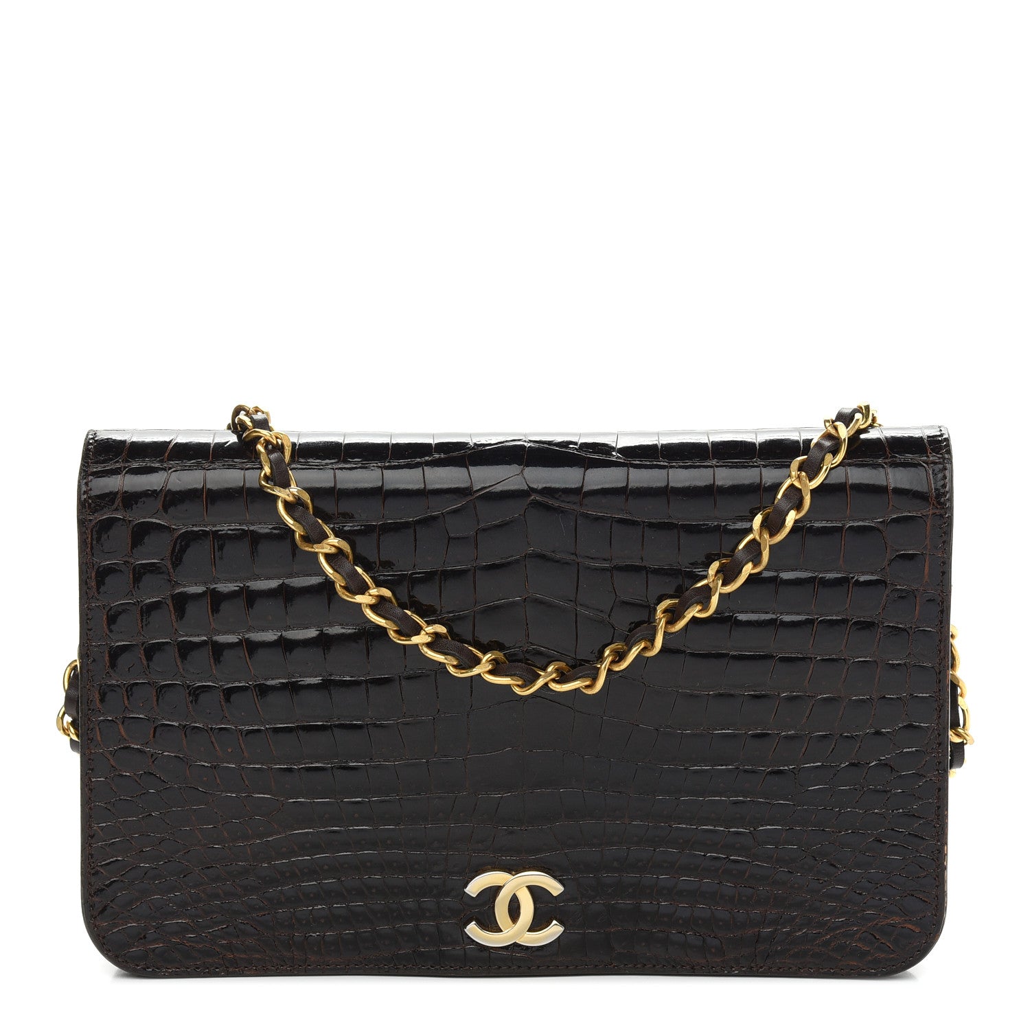 Chanel Shiny Crocodile Evening Flap Dark Brown 1 of 12