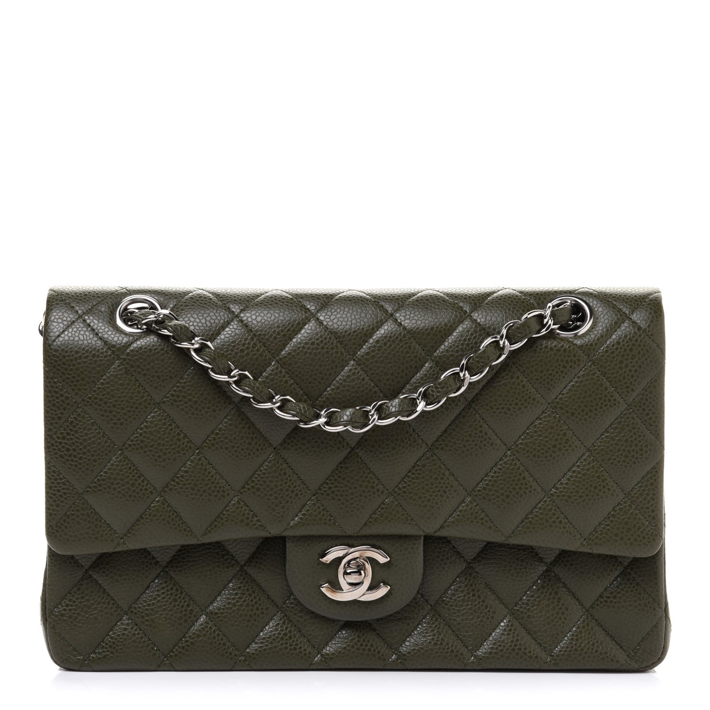 Caviar Quilted Medium Double Flap Dark Green