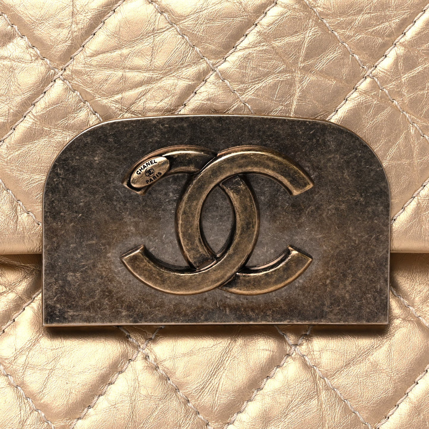 Metallic Aged Calfskin Quilted CC Square Flap Light Gold