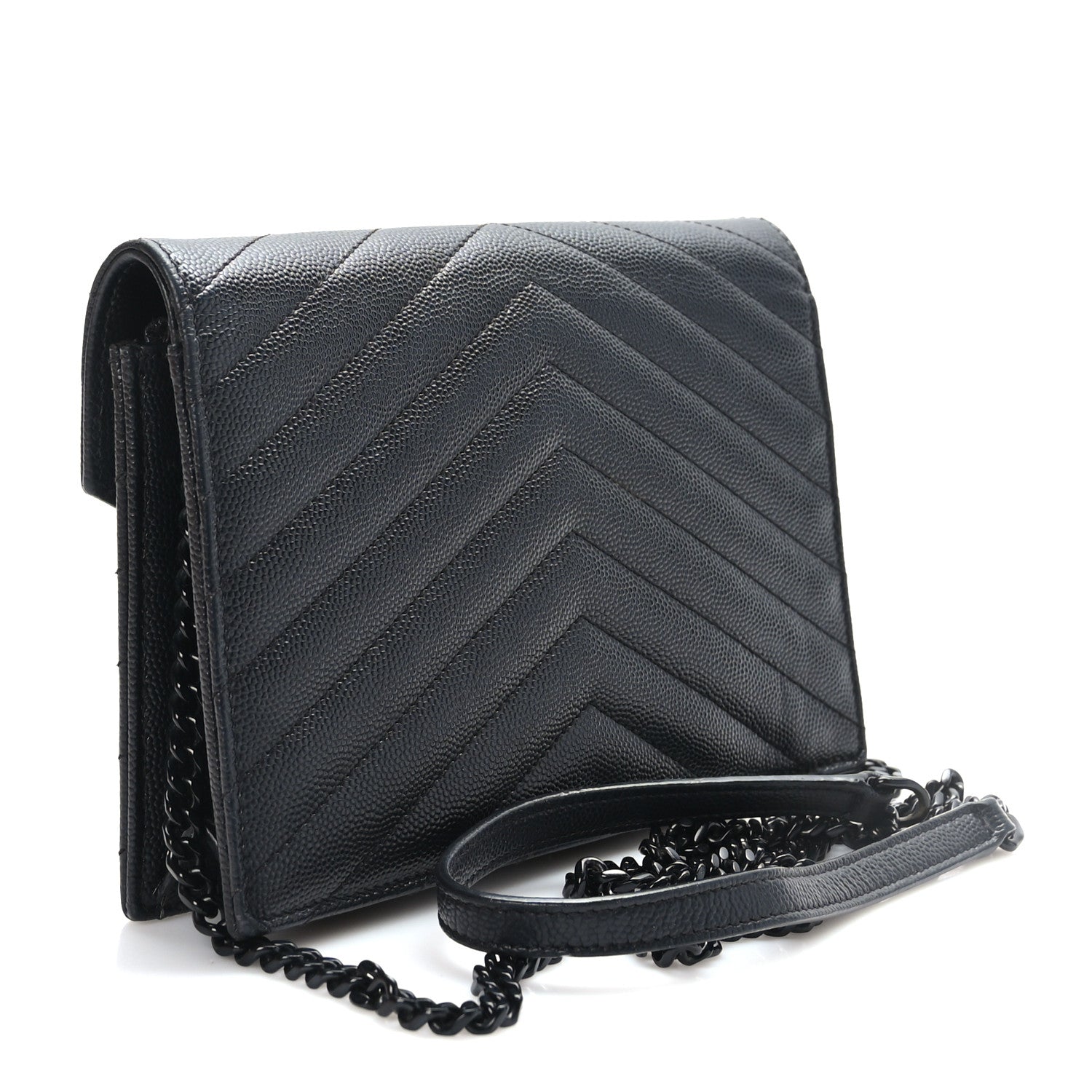 Saint Laurent Grain De Poudre Matelasse Chevron Monogram Monochrome Envelope Chain Wallet Black 3 of 9