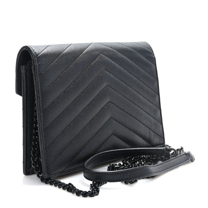 Saint Laurent Grain De Poudre Matelasse Chevron Monogram Monochrome Envelope Chain Wallet Black 3 of 9