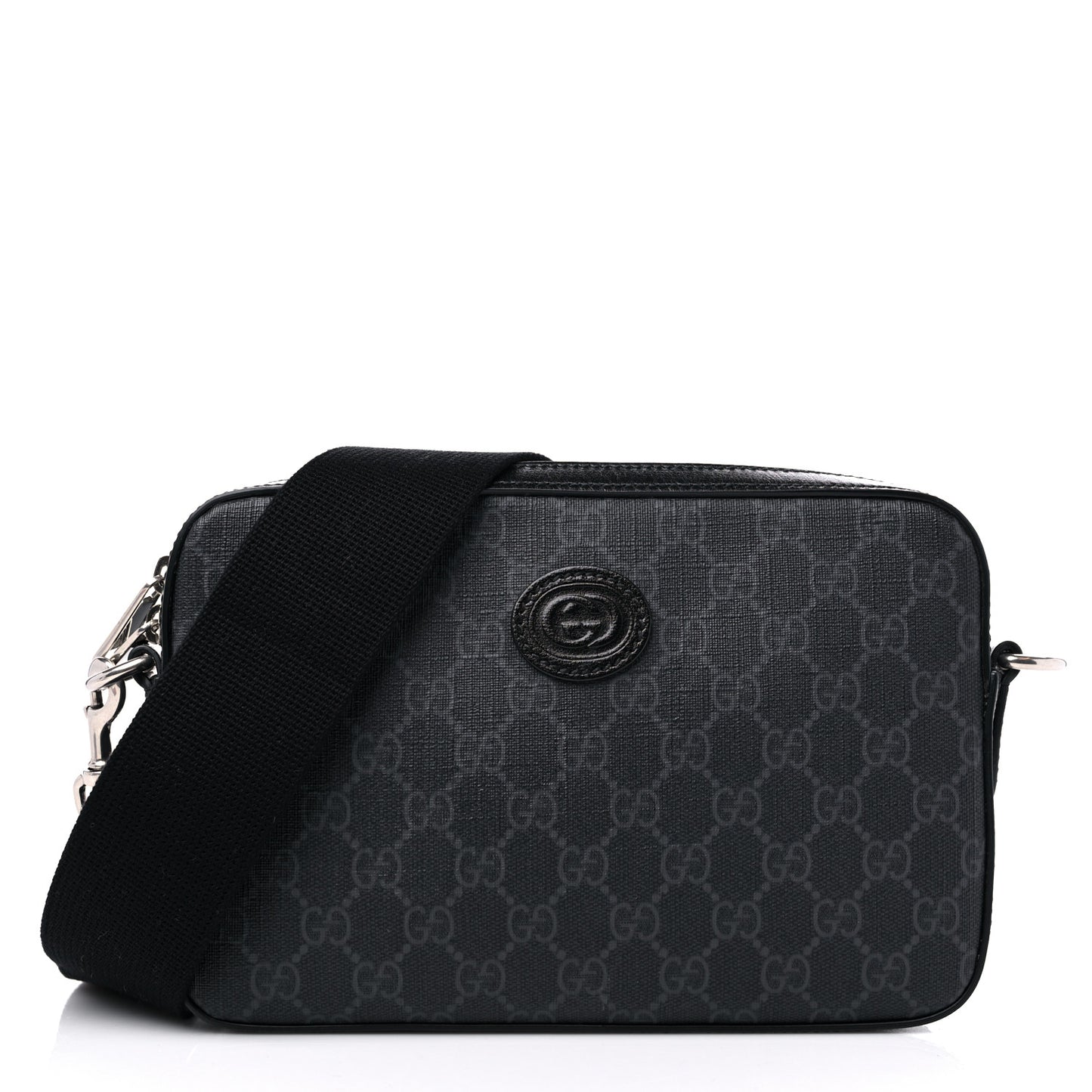 GG Supreme Monogram Azalea Calfskin Retro Interlocking G Wristlet Shoulder Bag Black