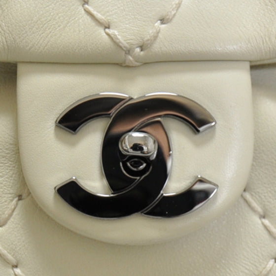 Calfskin Stitched Large Expandable Flap Bag White