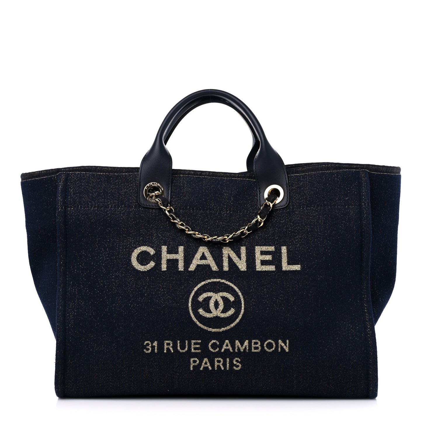 Lurex Canvas Medium Deauville Tote Navy Blue Gold