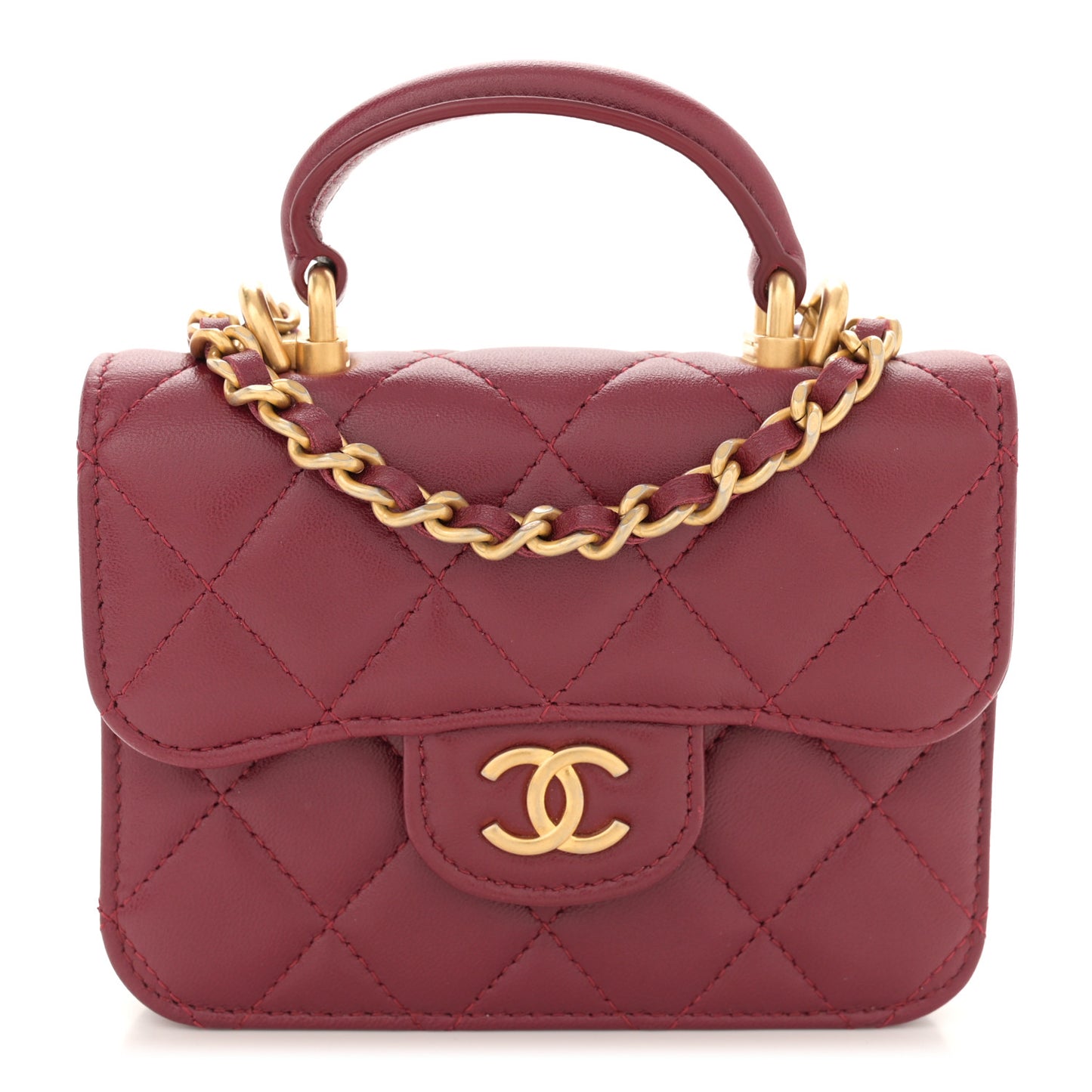 Lambskin Quilted Top Handle Flap Coin Purse With Chain Burgundy