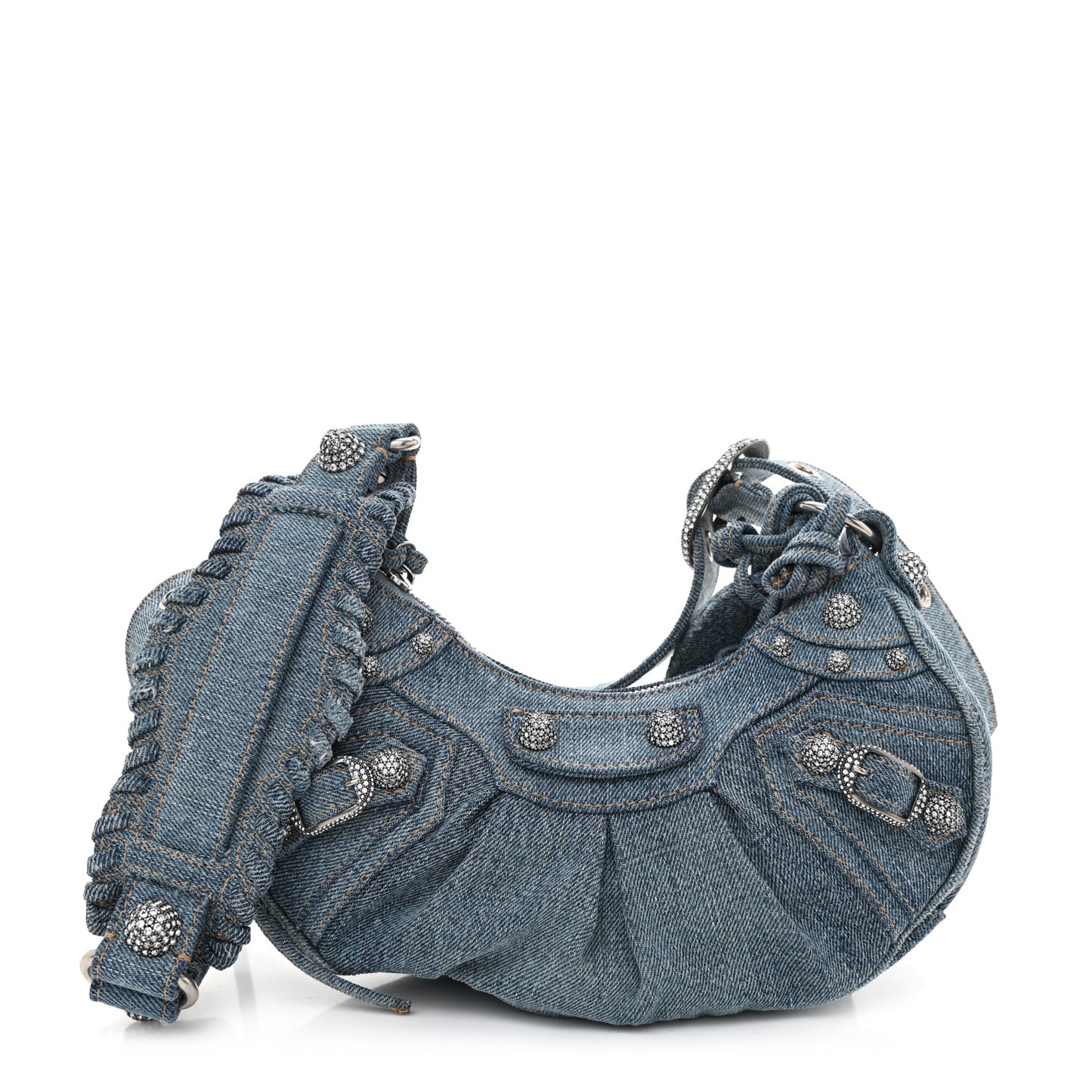 Washed Frayed Denim Crystal Le Cagole Shoulder Bag XS Blue