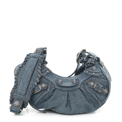Balenciaga Washed Frayed Denim Crystal Le Cagole Shoulder Bag XS Blue 3 of 10
