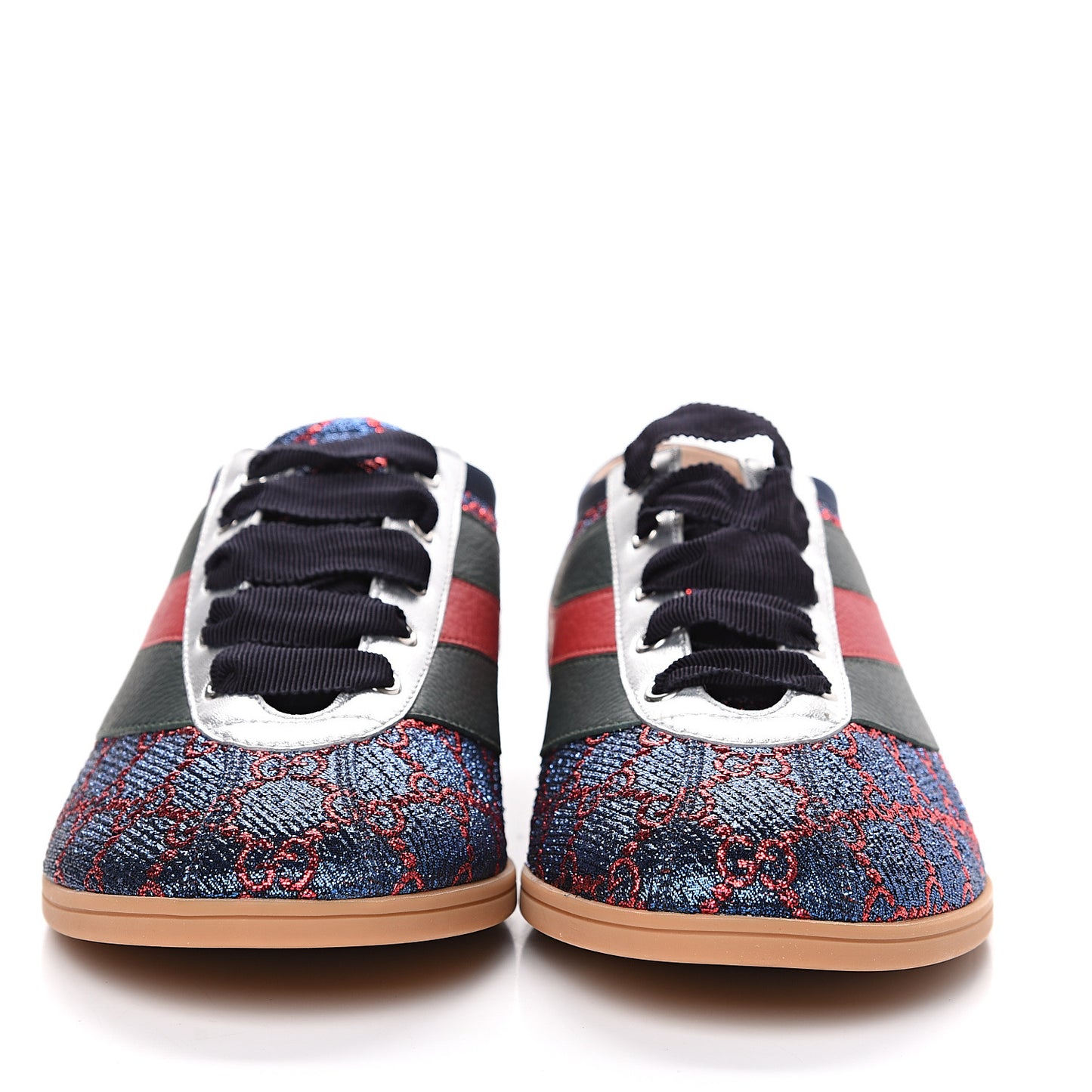 Lurex Calfskin Web GG Monogram Mens Falacer Sneakers 8.5 Iridescent Blue Iridescent Red Silver