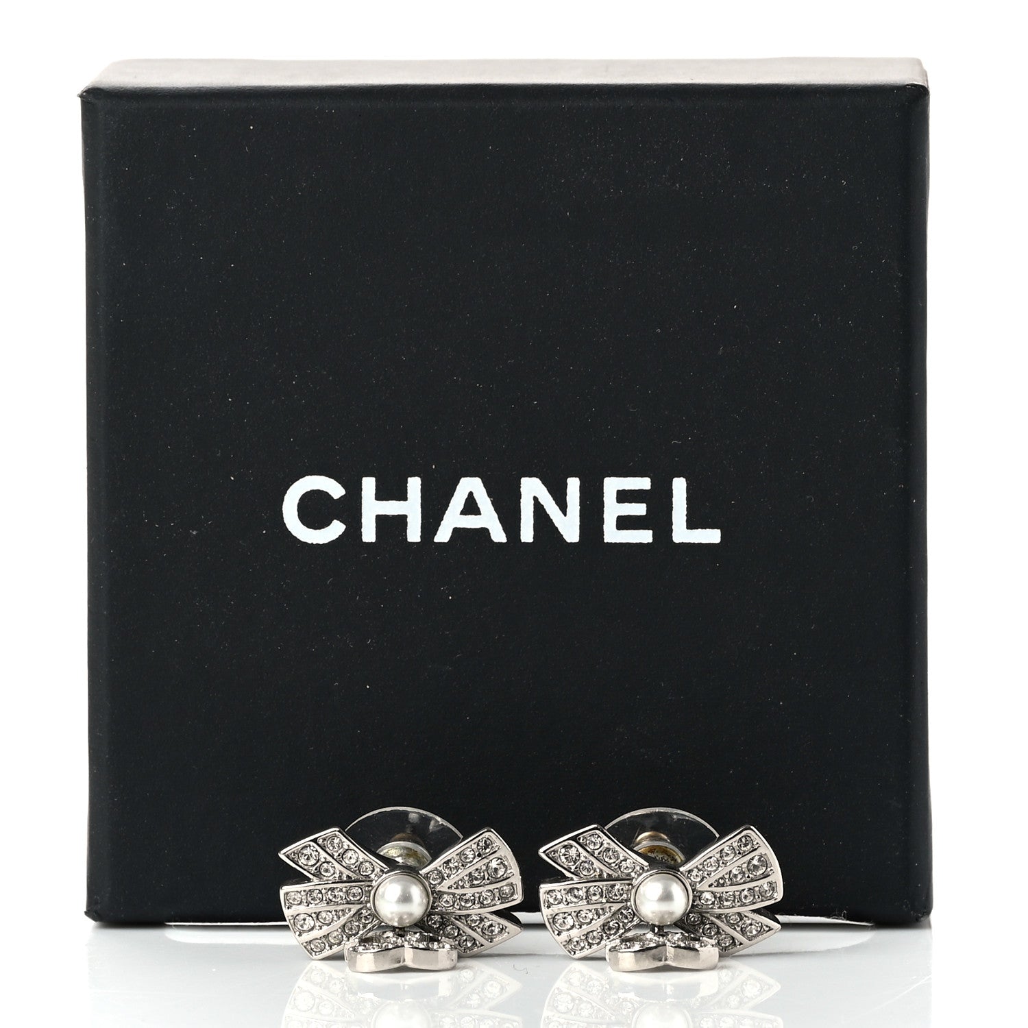Chanel Crystal Pearl Bow CC Drop Earrings Silver 5 of 5