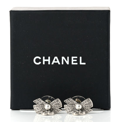 Chanel Crystal Pearl Bow CC Drop Earrings Silver 5 of 5