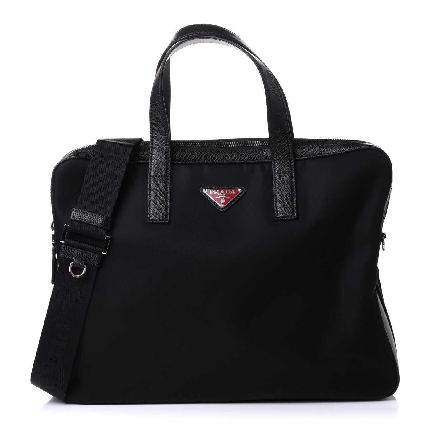 Tessuto Nylon Saffiano Metal Triangle Logo Work Bag Black